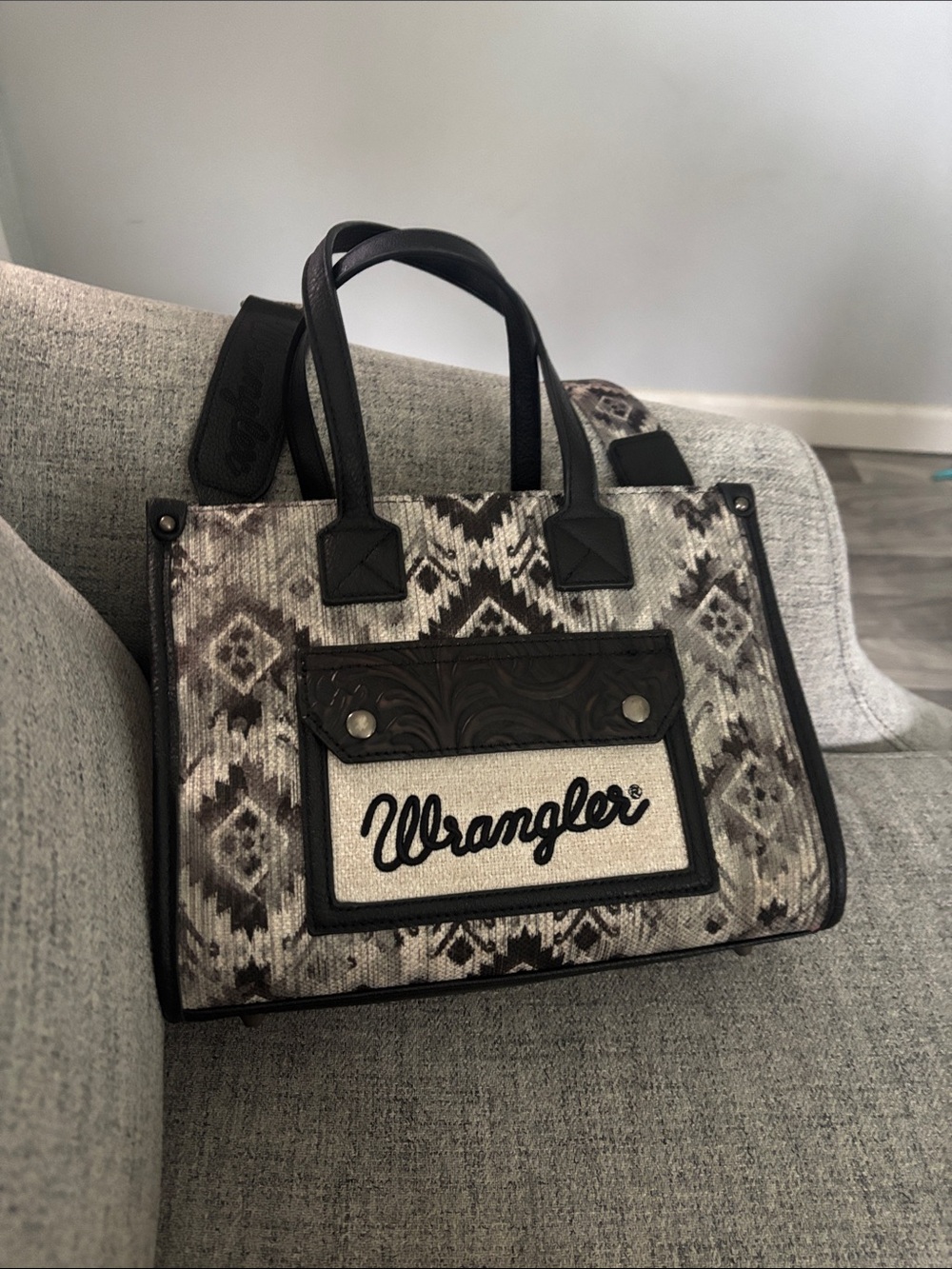 Wrangler Black and Cream Patterned Tote with Front Logo Pocket
